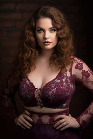 a woman with long red hair wearing a purple lace braの素材