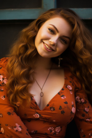 a woman with long red hair posing for a photoの素材