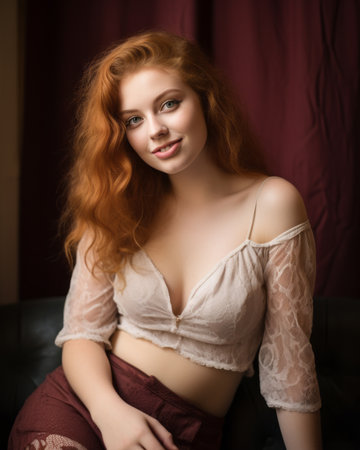 a woman with red hair sitting on a couchの素材