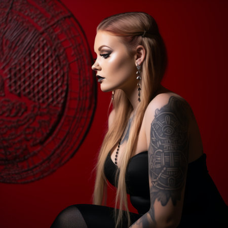 a woman with tattoos sitting in front of a red wallの素材