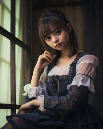 a young woman in a gothic dress sitting by a windowの素材