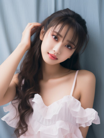 an asian woman in a pink dress posing for the cameraの素材