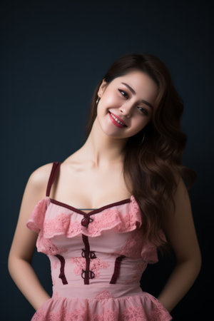 an attractive young woman in a pink dress smilingの素材