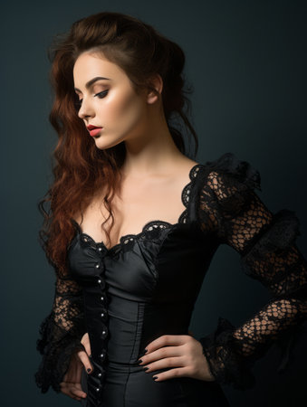 beautiful woman in black corset with red hairの素材