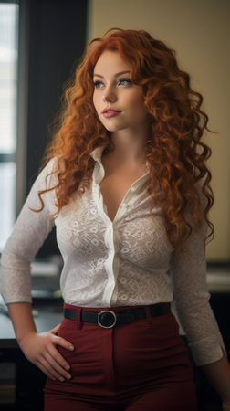 a woman with red hair posing in an officeの素材