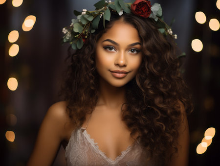 beautiful young woman with curly hair wearing a flower crownの素材