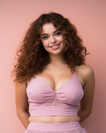 beautiful young woman with curly hair wearing a pink bra topの素材