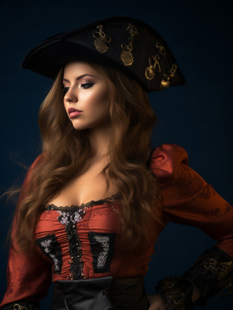 portrait of beautiful woman in pirate costume on dark backgroundの素材