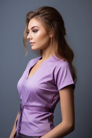 portrait of beautiful young woman in purple blouse on gray backgroundの素材
