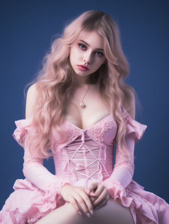 beautiful young woman with pink hair in a pink dressの素材