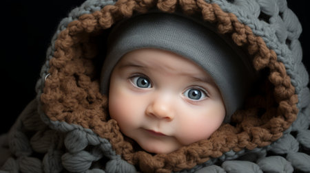 a baby wearing a knitted hat and blanketの素材