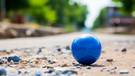 a blue ball is sitting on the ground in the middle of a roadの素材