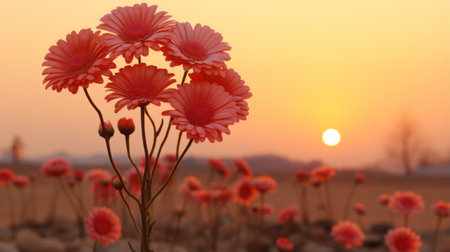 a group of pink flowers in front of the sunの素材