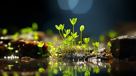 a close up of a plant growing in a puddle of waterの素材