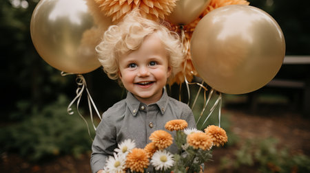 a little boy smiles while holding a bouquet of yellow and gold balloonsの素材