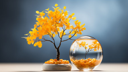 a bonsai tree in a glass vase with yellow leavesの素材