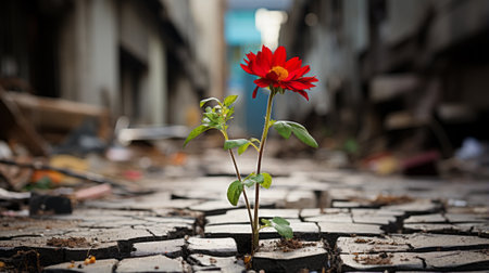 a red flower growing out of a crack in the groundの素材
