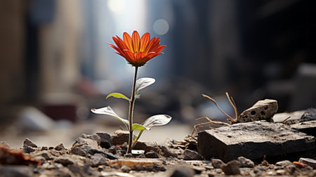 a flower growing out of rubble in the middle of a cityの素材