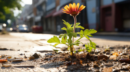 a flower growing out of the ground in the middle of a streetの素材