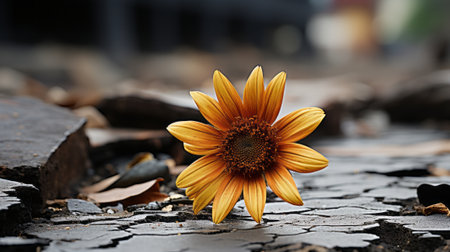 a lone sunflower sits on the ground in the middle of a cracked pavementの素材