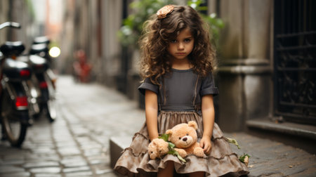 a little girl holding a teddy bear on a cobblestone streetの素材