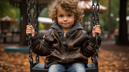 a little boy in a leather jacket sitting on a swingの素材