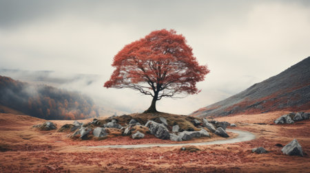 a lone tree in the middle of an autumn landscapeの素材