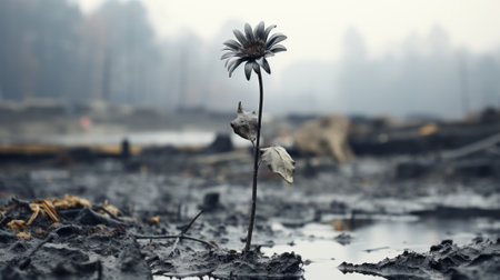 a dead flower is standing in the middle of a mud puddleの素材