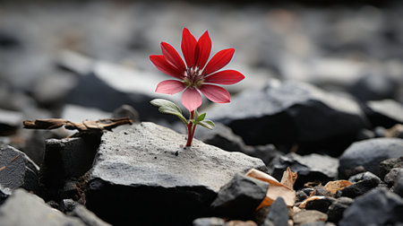 a red flower is growing out of a pile of rocksの素材