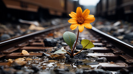 a flower growing on the tracks of a train trackの素材