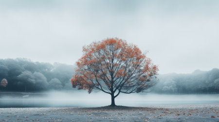 a lone tree stands in front of a foggy lakeの素材