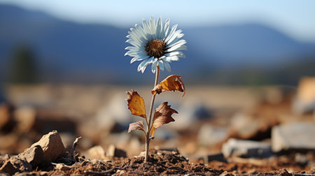 a single blue flower growing out of the ground in the middle of a fieldの素材