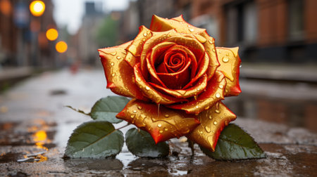 a golden rose sitting on the ground in the rainの素材