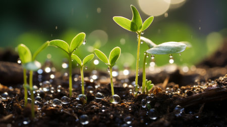 a group of young plants growing in water dropletsの素材