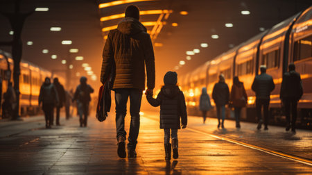 a man and child walking through a train station at nightの素材
