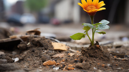 a single orange flower is growing out of the dirtの素材