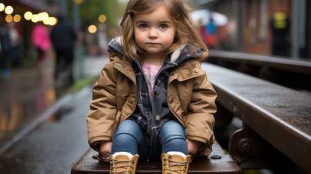 a little girl sitting on a bench in the rainの素材