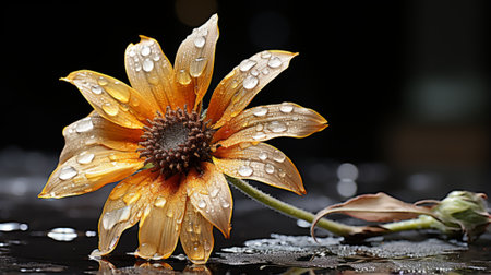 a single sunflower with water droplets on its petalsの素材