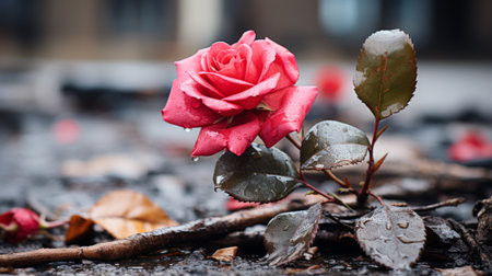 a single red rose sits on the ground in front of a buildingの素材