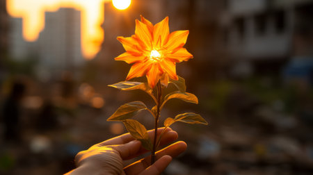 a hand holding up a flower with the sun setting behind itの素材