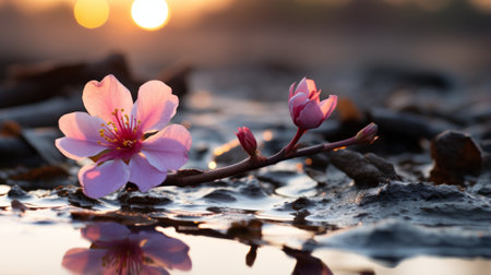 a single pink flower sits in the mud at sunsetの素材