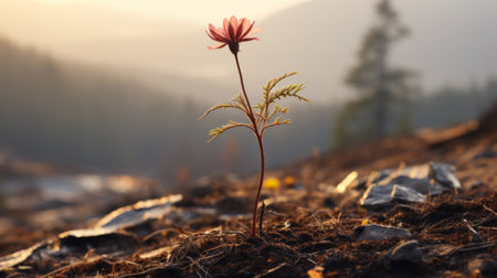 a lone flower sprouting from the ground in the middle of a forestの素材