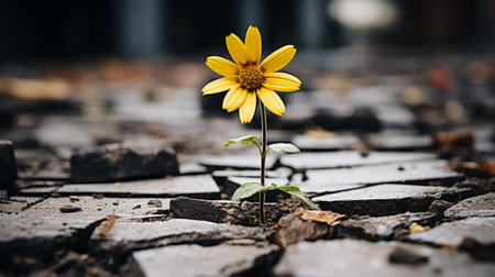 a single yellow flower is growing out of cracks in the groundの素材