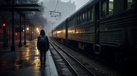 a person walking on a train track at nightの素材