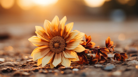 a single sunflower on the ground with the sun in the backgroundの素材