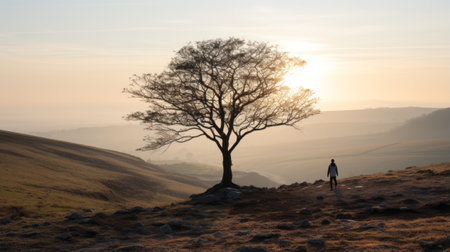 a lone person standing in front of a tree on a hillの素材