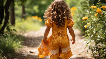 a little girl in an orange dress walking through a fieldの素材