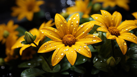 a group of yellow flowers with water droplets on themの素材