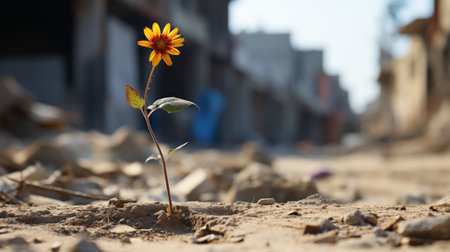 a lone sunflower growing out of the rubble of a destroyed buildingの素材