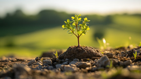 a small plant is growing out of the ground in the middle of a fieldの素材
